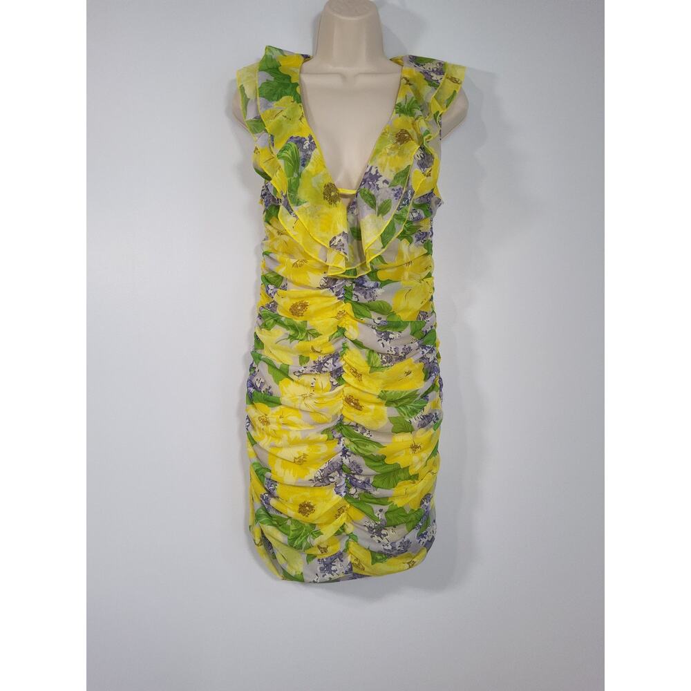 Zara Yellow Floral Ruched Mini Dress Ruffle Neck Bodycon L